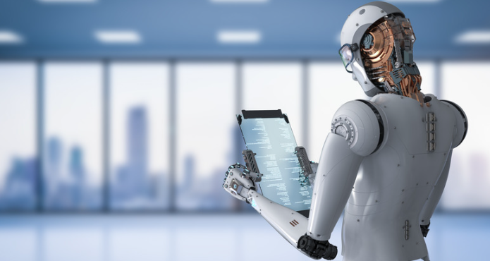 Ilustração de um robô humanóide segurando e olhando atentamente para um tablet. O robô possui uma aparência futurista, com detalhes metálicos e olhos brilhantes. Ele segura o tablet com ambas as mãos, demonstrando interesse e concentração no conteúdo exibido na tela do dispositivo. A imagem transmite a ideia de tecnologia avançada, aprendizado e interação entre inteligência artificial e dispositivos digitais.