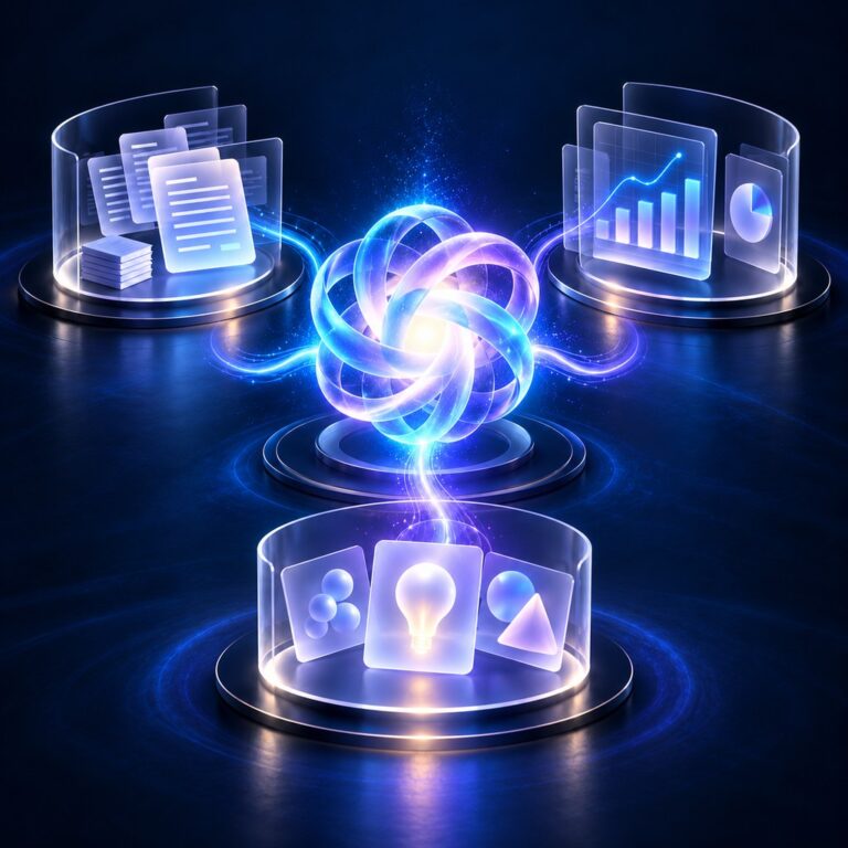 Ilustração de uma inteligência artificial central conectada a três frentes de trabalho, representando agentes atuando em paralelo.